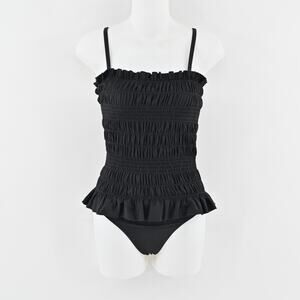 TORY BURCH Womens Costa Swimsuit Sz XS Black Smocked Convertible One Piece Retro